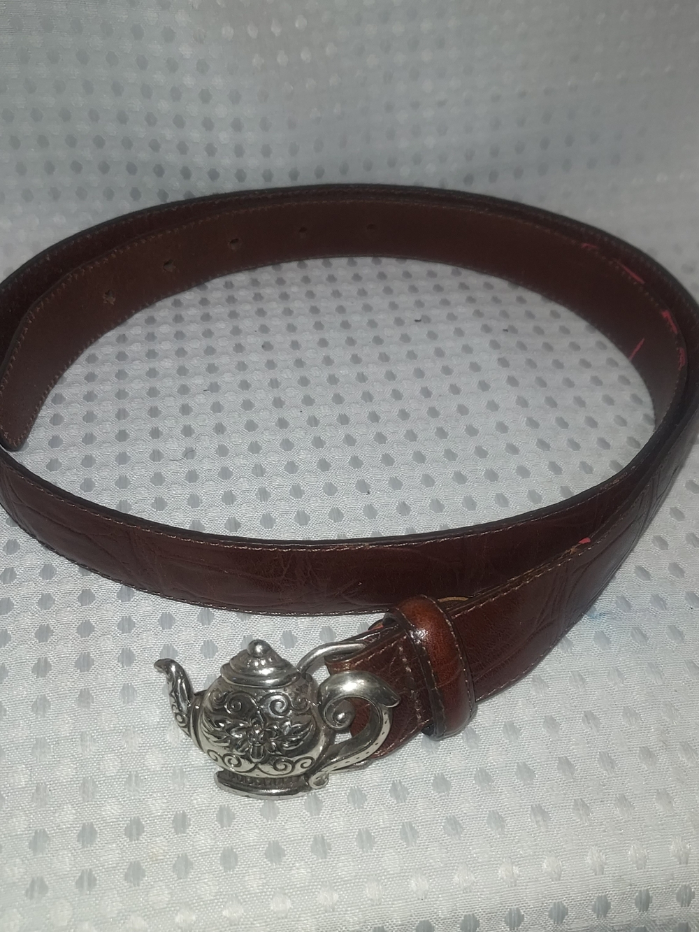 Talbots Brown Leather Belt with Decorative Silver Teapot Buckle 1996